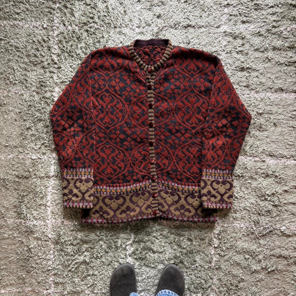 Vintage American Vintage Burgundy Red Wool Chenille Cardigan Sweater Made in UK